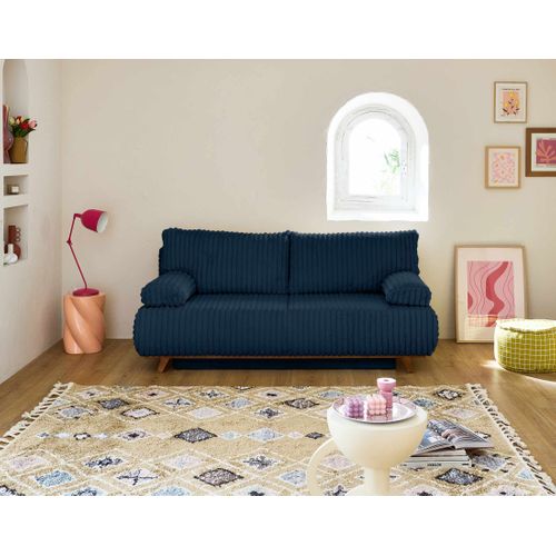 Canapé Droit Convertible 4 Places Cristal En Fausse Fourrure Côtelée Bleu