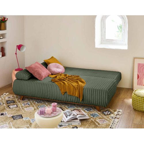 Canapé Droit Convertible 4 Places Cristal En Fausse Fourrure Côtelée Vert