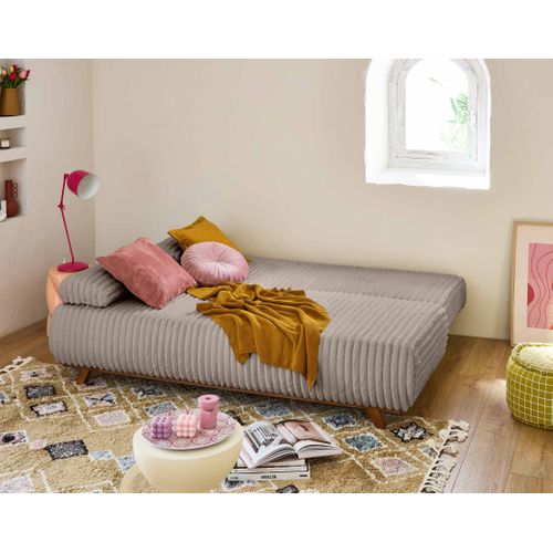 Canapé Droit Convertible 4 Places Cristal En Fausse Fourrure Côtelée Taupe