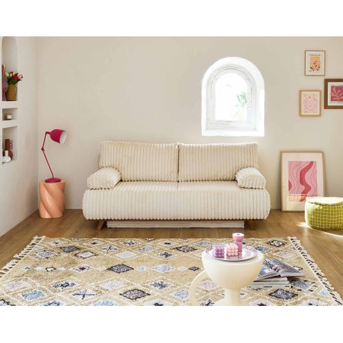 Canapé Droit Convertible 4 Places Cristal En Fausse Fourrure Côtelée Beige