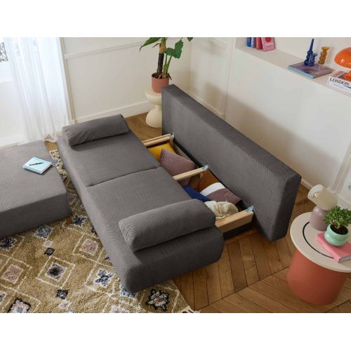 Canapé Droit Convertible 4 Places Cristal En Velours Texturé Gris Foncé