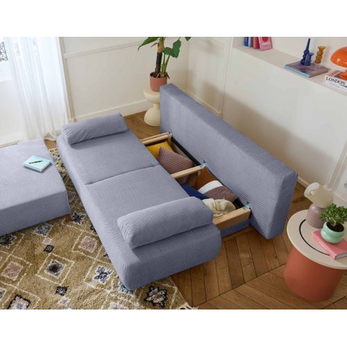 Canapé Droit Convertible 4 Places Cristal En Velours Texturé Bleu Grisé