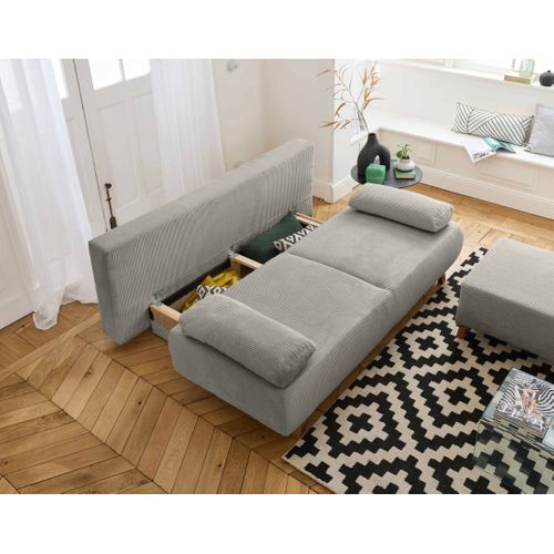 Canapé Droit Convertible 4 Places Cristal En Velours Côtelé Gris Clair