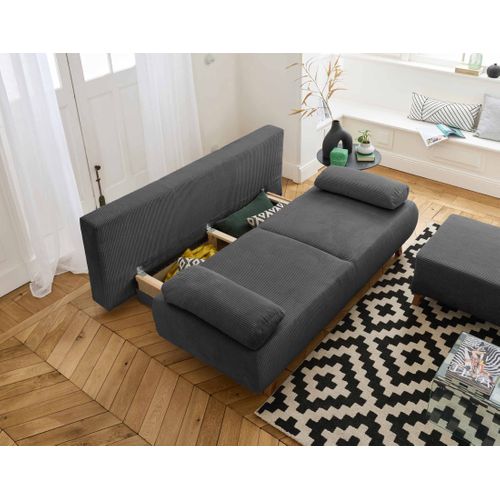 Canapé Droit Convertible 4 Places Cristal En Velours Côtelé Gris Foncé