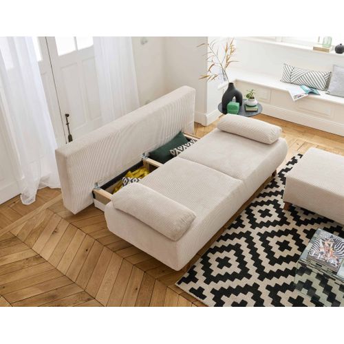 Canapé Droit Convertible 4 Places Cristal En Velours Côtelé Beige