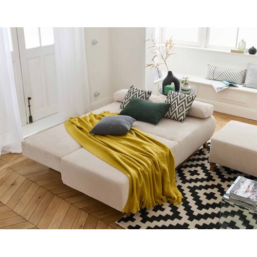 Canapé Droit Convertible 4 Places Cristal En Velours Côtelé Beige