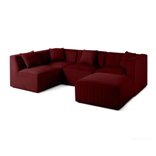 Nova - Canapé Modulable D'angle Gauche - 5 Places - Avec Pouf D'appoint - En Velours Rouge