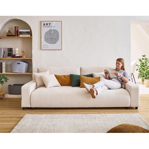 Canapé Droit Convertible 3 Places Pivoine En Velours Texturé Beige