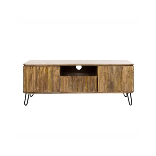 Delhi - Meuble TV - Bois Massif Et Noir - 2 Portes, 1 Tiroir Et 1 Niche - 135 Cm