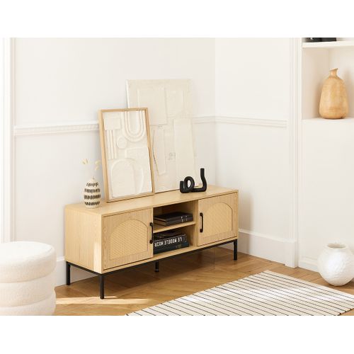 Nagato - Meuble TV - Cannage Et Effet Bois - 2 Portes Et 2 Niches - 120 Cm