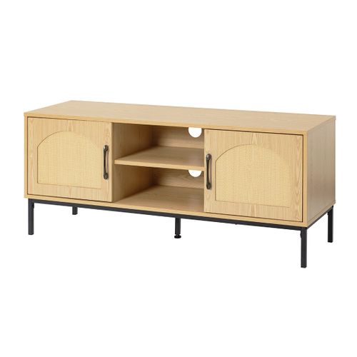 Nagato - Meuble TV - Cannage Et Effet Bois - 2 Portes Et 2 Niches - 120 Cm
