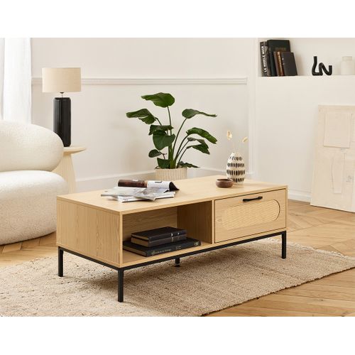 Nagato - Table Basse - Cannage Et Effet Bois - 1 Tiroir Et 1 Niche - 110 Cm