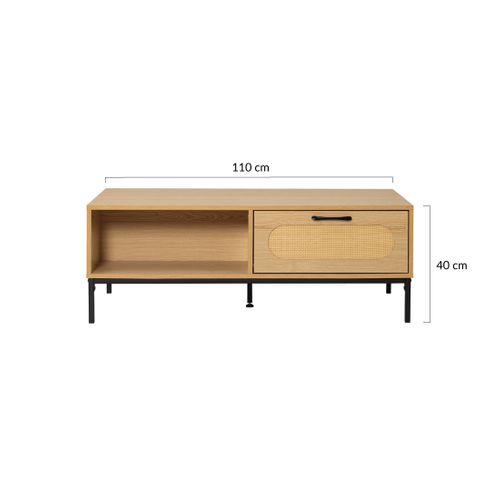 Nagato - Table Basse - Cannage Et Effet Bois - 1 Tiroir Et 1 Niche - 110 Cm