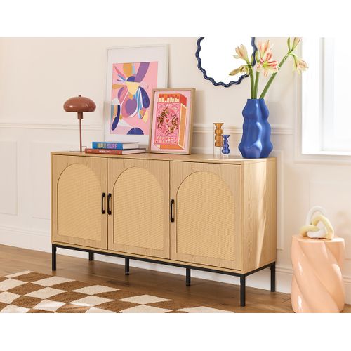 Nagato - Buffet Bas - Cannage Et Effet Bois - 3 Portes - 150 Cm