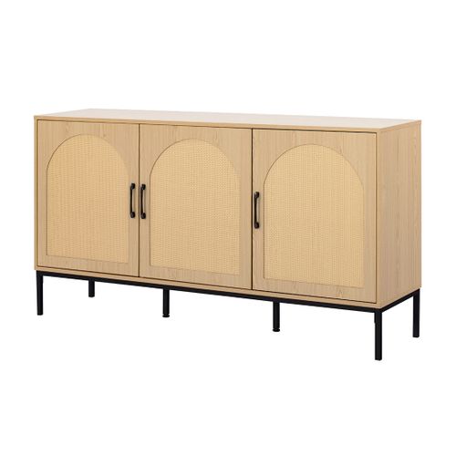 Nagato - Buffet Bas - Cannage Et Effet Bois - 3 Portes - 150 Cm