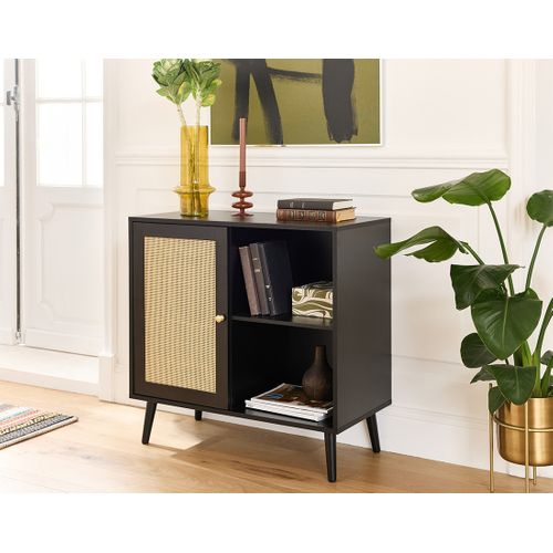 Goto - Buffet Haut - Noir Et Cannage - 2 Niches Et 1 Porte - 80 Cm