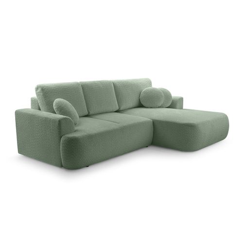 Canapé Angle Droit Convertible 4 Places Candela En Tissu Bouclette Vert Sauge