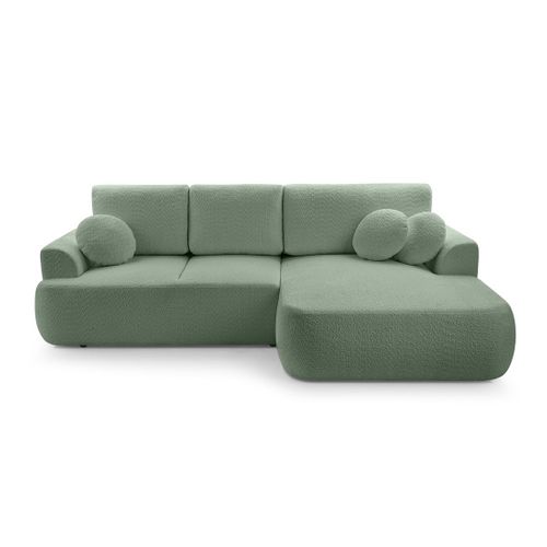 Canapé Angle Droit Convertible 4 Places Candela En Tissu Bouclette Vert Sauge