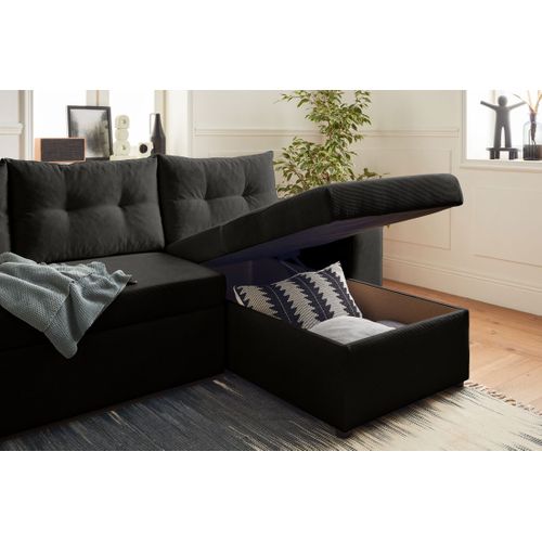 California - Canapé D'angle Réversible Convertible - Avec Coffre, Tablette Et Poufs - En Velours Côt
