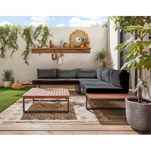 Yulara - Salon De Jardin En Bois Et Métal - 5 Places - Coussins Gris