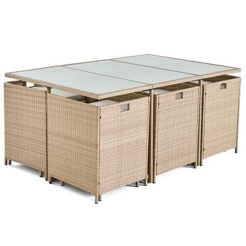 Fira – Salon De Jardin Encastrable En Résine Tressée Beige - 10 Places - Coussins Beige + Housse De