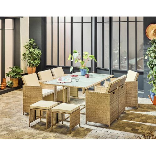 Fira – Salon De Jardin Encastrable En Résine Tressée Beige - 10 Places - Coussins Beige + Housse De