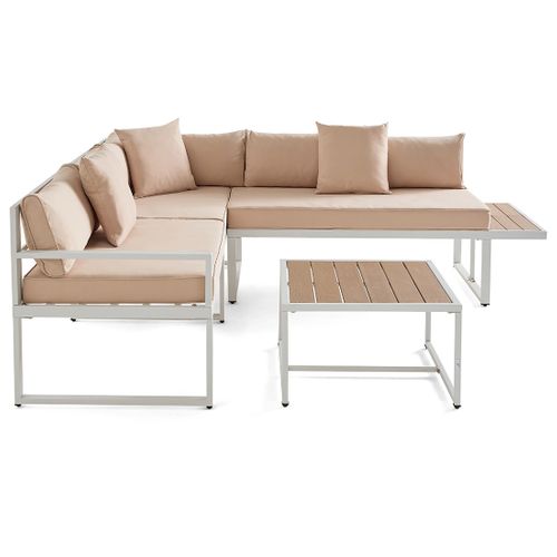Anoha – Salon De Jardin D'angle En Acier Blanc – 5 Places - Coussins Beige Et Table Incluse