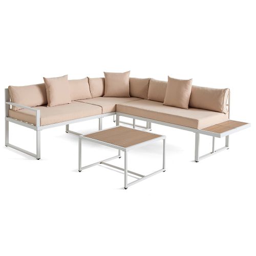 Anoha – Salon De Jardin D'angle En Acier Blanc – 5 Places - Coussins Beige Et Table Incluse