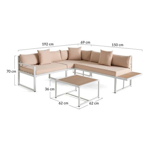 Anoha – Salon De Jardin D'angle En Acier Blanc – 5 Places - Coussins Beige Et Table Incluse