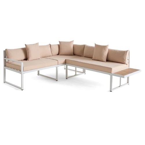 Anoha – Salon De Jardin D'angle En Acier Blanc – 5 Places - Coussins Beige Et Table Incluse