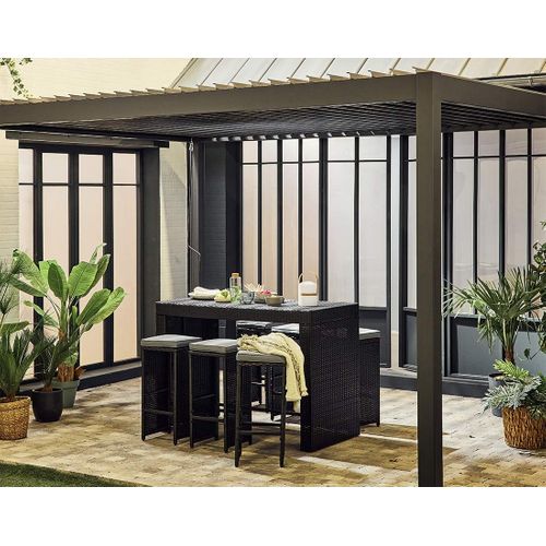 Yoana – Ensemble Table Haute Et Tabourets De Jardin En Résine Noir - 6 Places - Coussins Gris