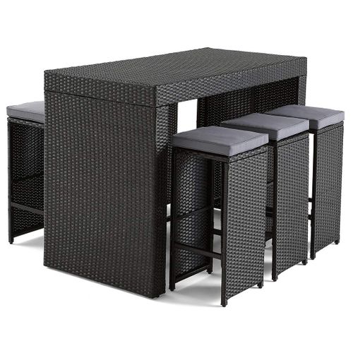 Yoana – Ensemble Table Haute Et Tabourets De Jardin En Résine Noir - 6 Places - Coussins Gris