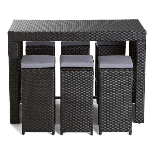 Yoana – Ensemble Table Haute Et Tabourets De Jardin En Résine Noir - 6 Places - Coussins Gris