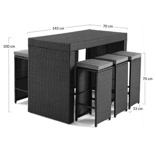 Yoana – Ensemble Table Haute Et Tabourets De Jardin En Résine Noir - 6 Places - Coussins Gris