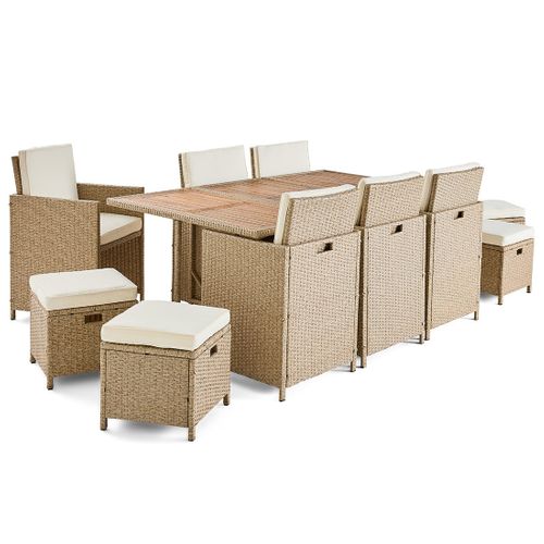 Cuba – Salon De Jardin Encastrable En Résine Tressé Beige - 10 Places - Coussins Beige + Housse De P