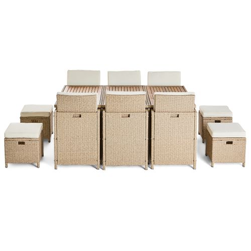 Cuba – Salon De Jardin Encastrable En Résine Tressé Beige - 10 Places - Coussins Beige + Housse De P