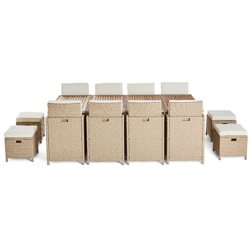 Cuba – Salon De Jardin Encastrable En Résine Tressé Beige - 12 Places - Coussins Beige + Housse De P