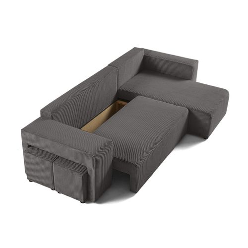 Topaze - Canapé D'angle Réversible 4 Places - Convertible Avec Coffre, Tablette Et Poufs - En Velour