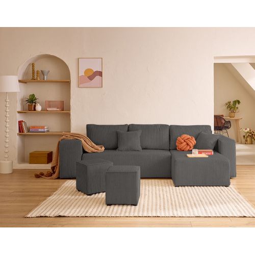 Topaze - Canapé D'angle Réversible 4 Places - Convertible Avec Coffre, Tablette Et Poufs - En Velour