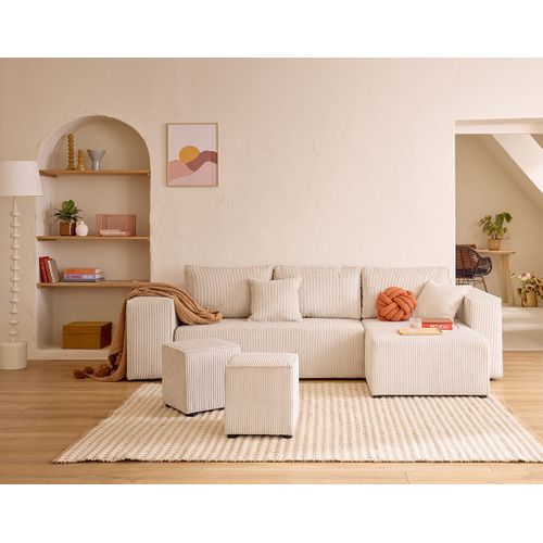 Topaze - Canapé D'angle Réversible 4 Places - Convertible Avec Coffre, Tablette Et Poufs - En Velour