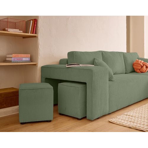 Topaze - Canapé D'angle Réversible 4 Places - Convertible Avec Coffre, Tablette Et Poufs - En Velour