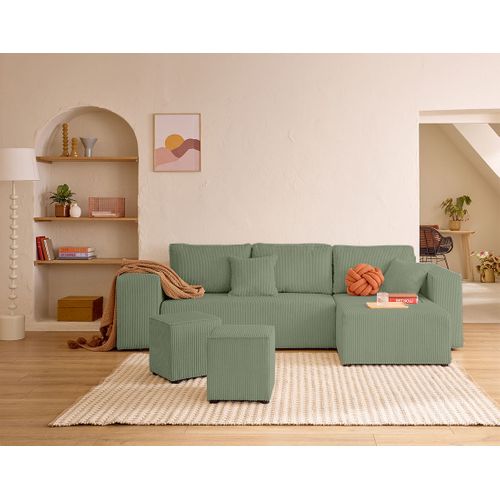 Topaze - Canapé D'angle Réversible 4 Places - Convertible Avec Coffre, Tablette Et Poufs - En Velour