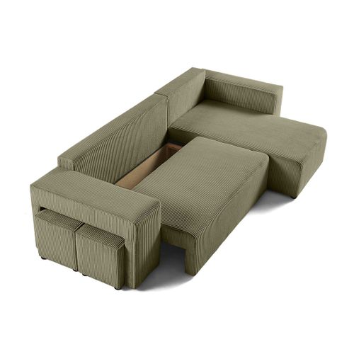 Topaze - Canapé D'angle Réversible 4 Places - Convertible Avec Coffre, Tablette Et Poufs - En Velour