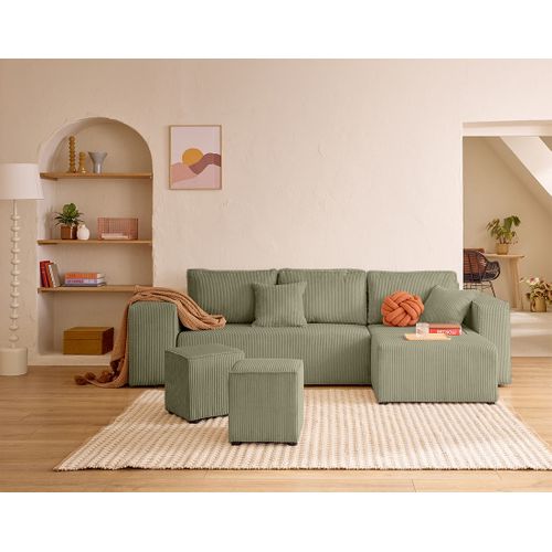 Topaze - Canapé D'angle Réversible 4 Places - Convertible Avec Coffre, Tablette Et Poufs - En Velour