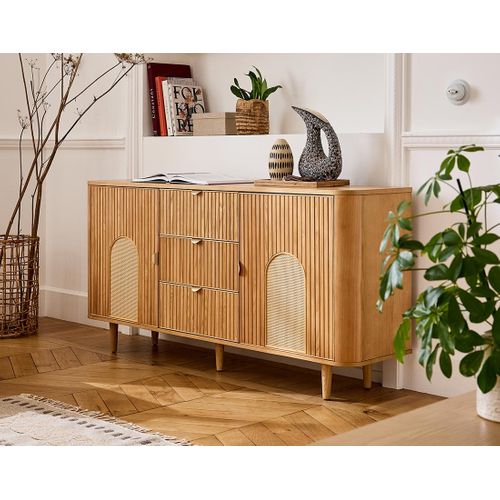 Milazzo - Buffet Bas - Bois Plaqué Chêne Et Cannage - 3 Tiroirs Et 2 Portes - 160 Cm