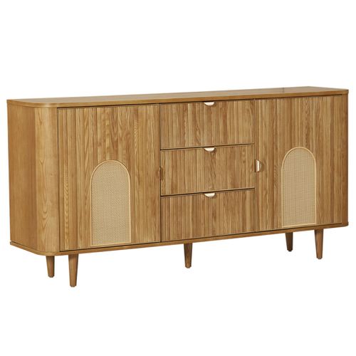 Milazzo - Buffet Bas - Bois Plaqué Chêne Et Cannage - 3 Tiroirs Et 2 Portes - 160 Cm