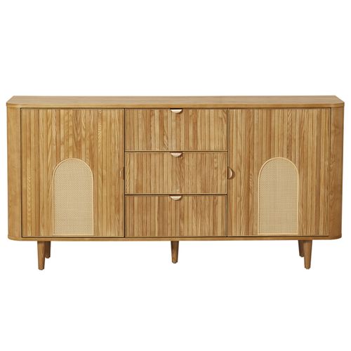Milazzo - Buffet Bas - Bois Plaqué Chêne Et Cannage - 3 Tiroirs Et 2 Portes - 160 Cm