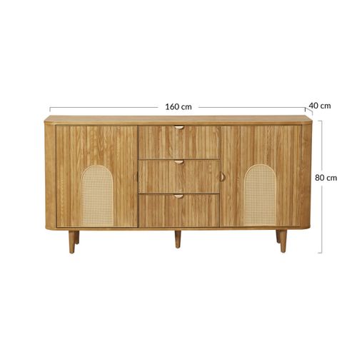 Milazzo - Buffet Bas - Bois Plaqué Chêne Et Cannage - 3 Tiroirs Et 2 Portes - 160 Cm