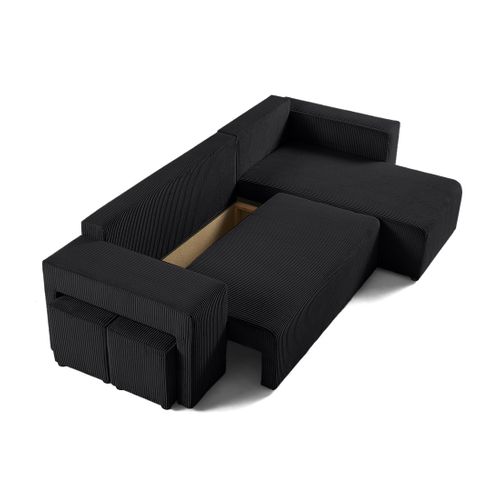 Topaze - Canapé D'angle Réversible 4 Places - Convertible Avec Coffre, Tablette Et Poufs - En Velour