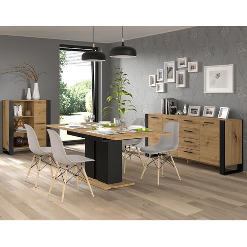 Donnely - Table à Manger Extensible - Effet Bois Et Noir - Pied Central - 4 à 8 Personnes